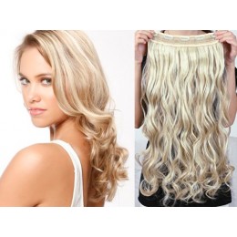 One piece full head 5 clips clip in hair weft extensions wavy – platinum / light brown