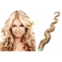 20 inch (50cm) Tape Hair / Tape IN human REMY hair wavy - platinum / light brown