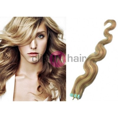 Vlasy pro metodu Pu Extension / TapeX / Tape Hair / Tape IN 60cm vlnité - světlý melír